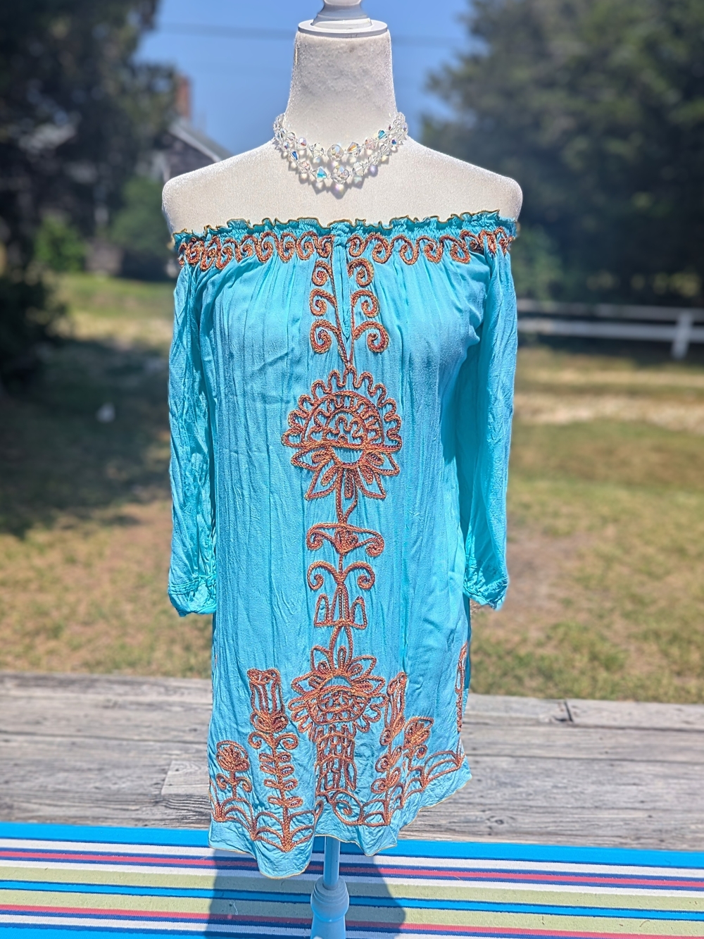 Poupette St Barth Turquoise Off-Shoulder Embroidered Tunic